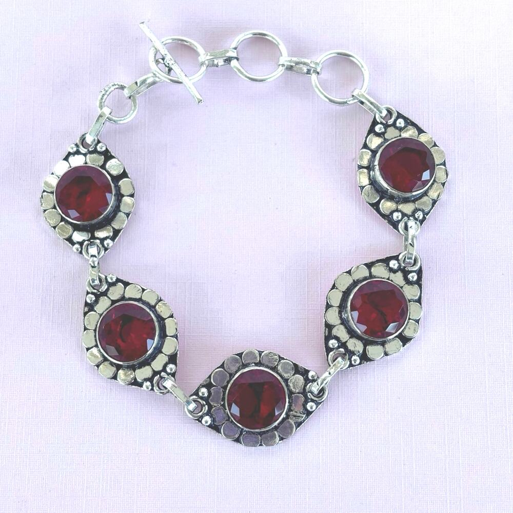 925 Sterling Round Faceted Garnet Bracelet 8"